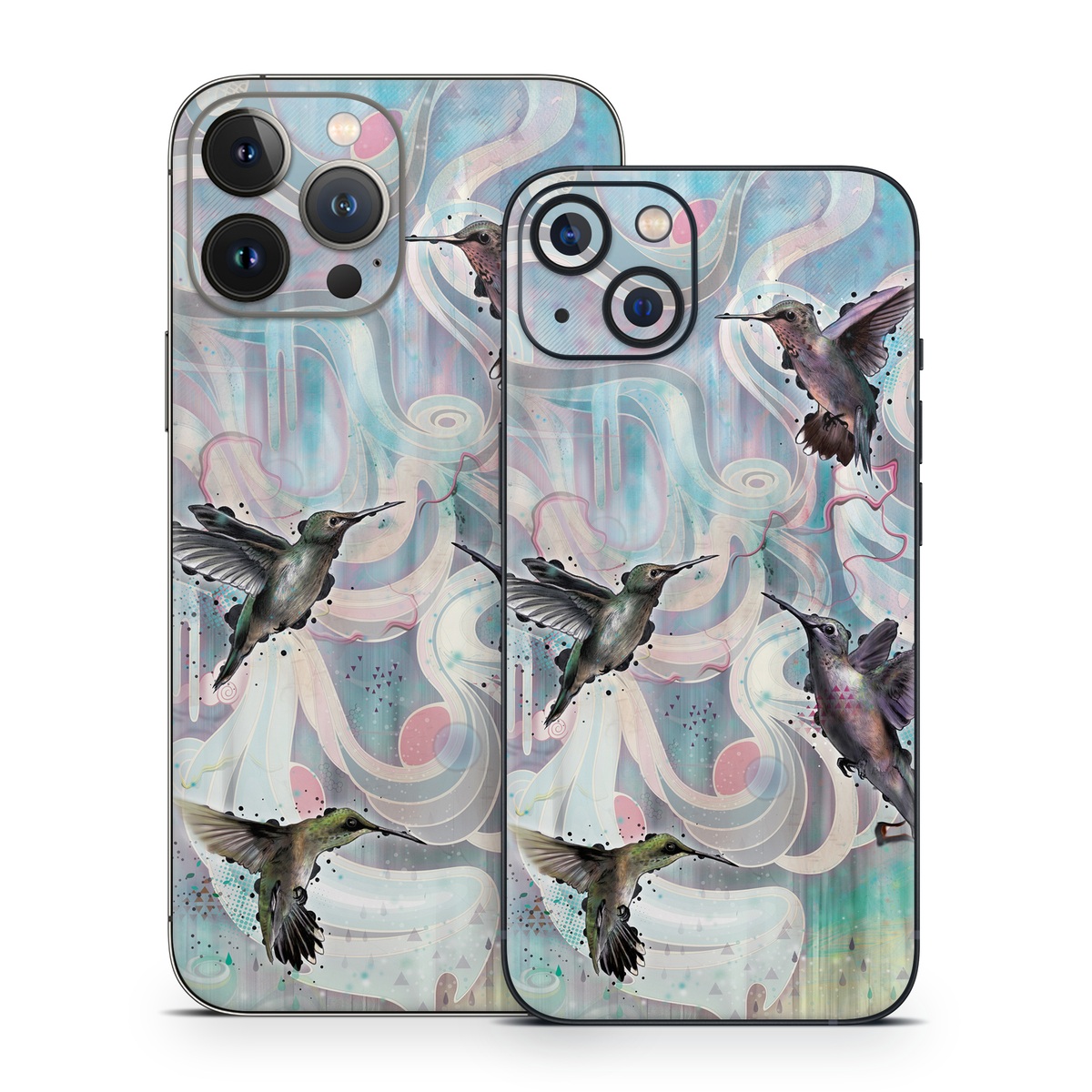 iPhone 13 Series Skin design of Bird, Watercolor paint, Illustration, Hummingbird, Painting, Art, Wing, Fictional character, Acrylic paint, Perching bird, with gray, blue, black colors