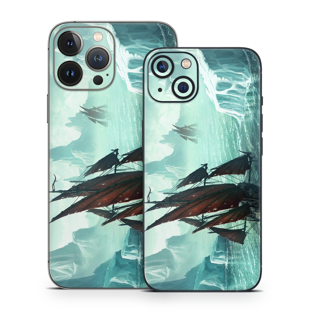 iPhone 13 Series Skin design of Cg artwork, Vehicle, Ghost ship, Manila galleon, Fluyt, Adventure game, First-rate, Sailing ship, Mythology, Strategy video game, with gray, black, blue, green, white colors