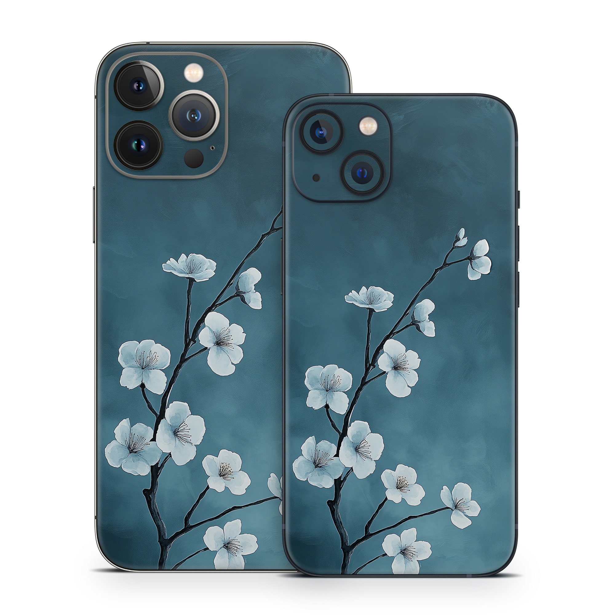 iPhone 13 Series Skin design of Flower, Nature, Petal, Branch, Twig, Sky, Flowering plant, Cloud, Blossom, Tree, with black, blue, white, gray colors