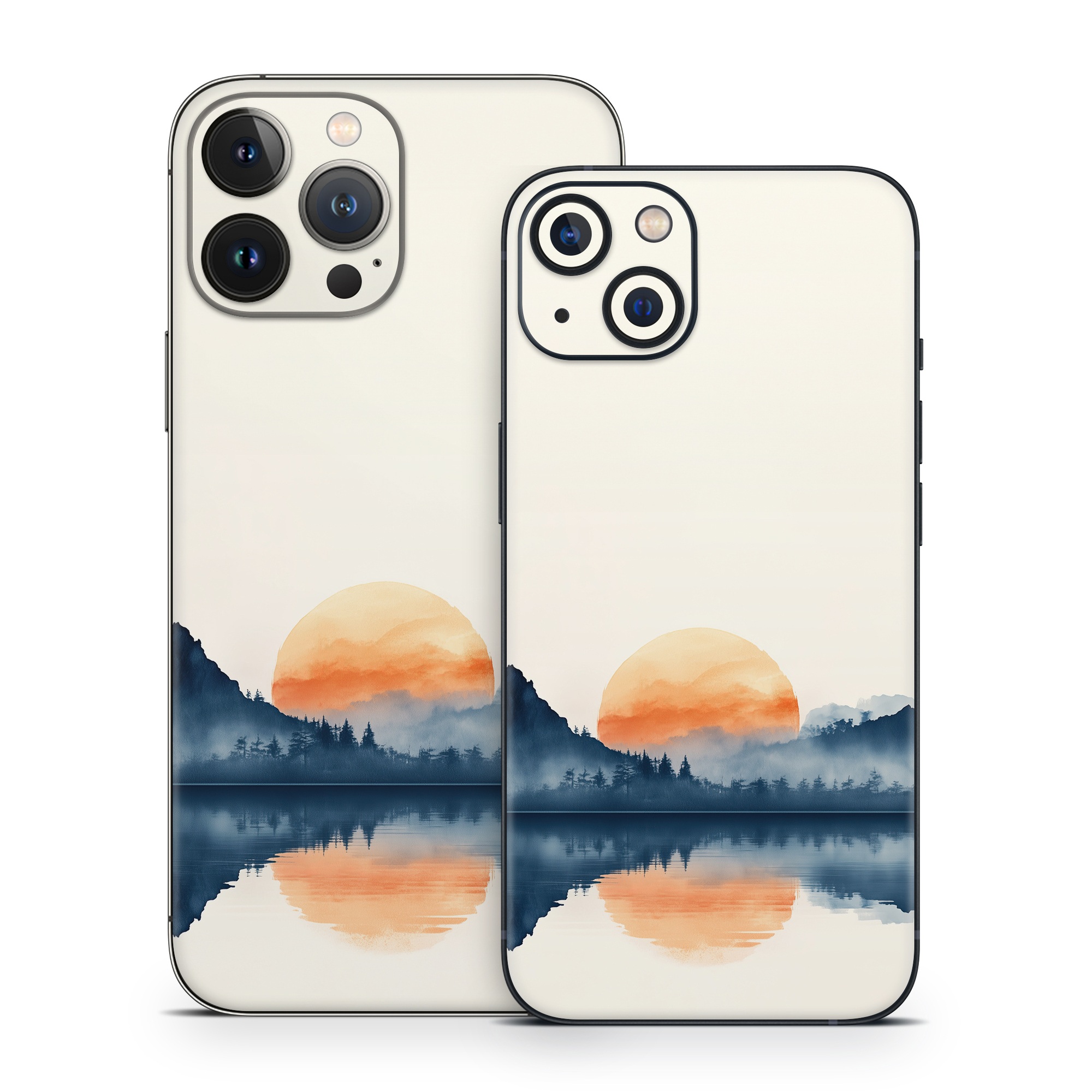 iPhone 13 Series Skin design of Water, Water resources, Sky, Mountain, Natural landscape, Lake, Atmospheric phenomenon, Landscape, Horizon, Afterglow, with black, blue, white, gray, yellow, orange, red colors
