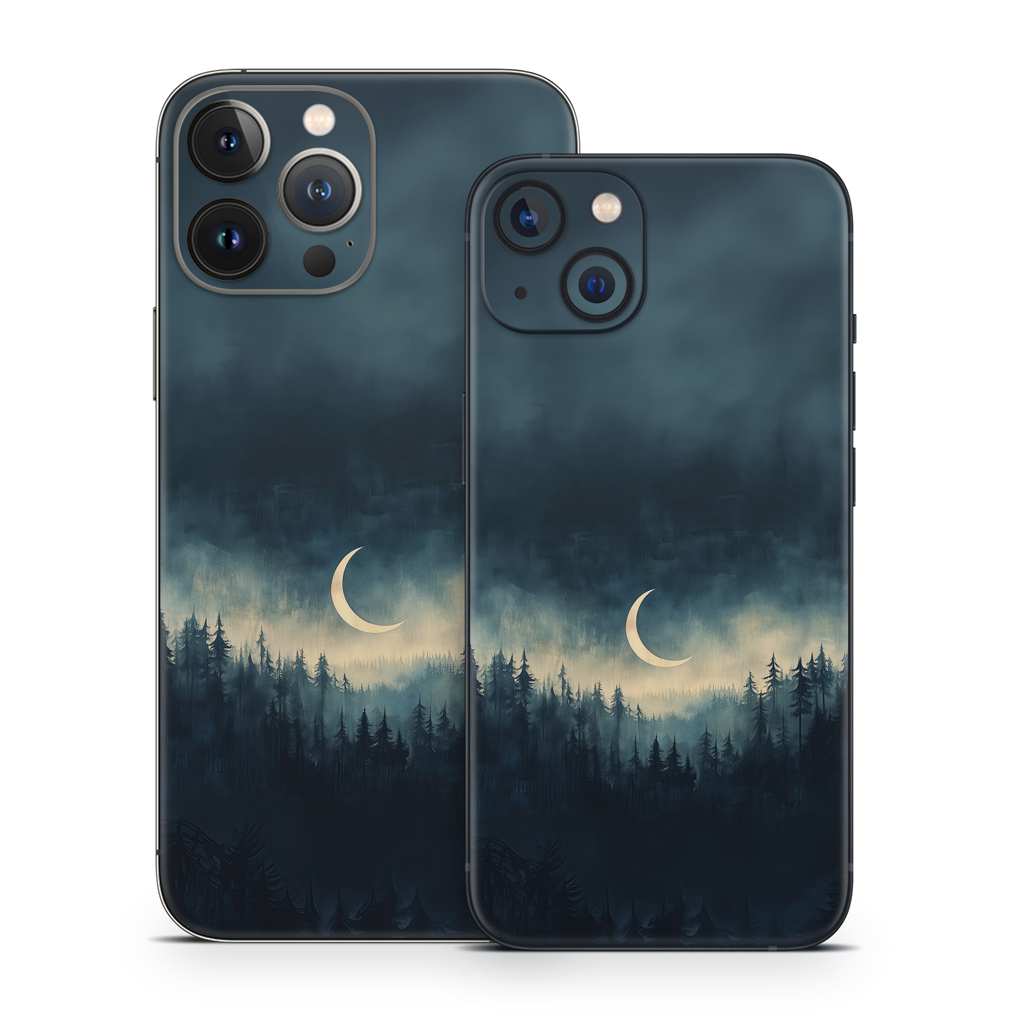 iPhone 13 Series Skin design of Cloud, Sky, Atmosphere, Moon, Ecoregion, Crescent, Natural landscape, Tree, Plant, Dusk, with black, blue, white, gray colors
