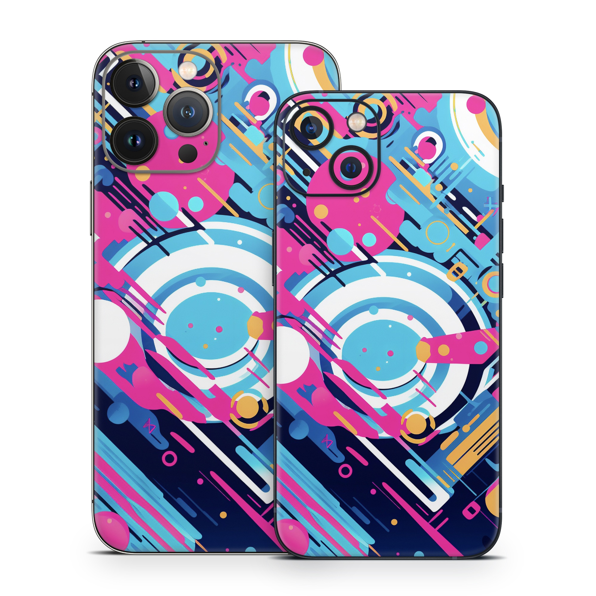 iPhone 13 Series Skin design of Colorfulness, Font, Line, Material property, Art, Magenta, Pattern, Electric blue, Circle, Graphics, with blue, pink, black, white, orange colors