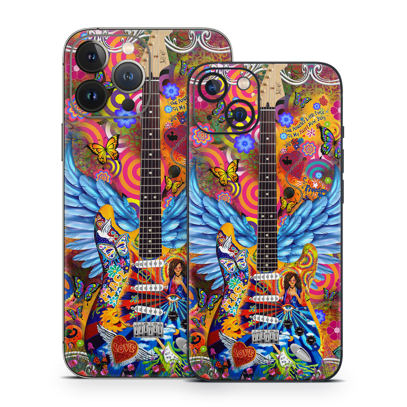 iPhone 13 Series Skin design of Musical instrument, Guitar, Guitar accessory, Textile, Organism, String instrument, Plucked string instruments, String instrument accessory, Art, Font, with red, yellow, orange, pink, black, white, blue, brown, green colors