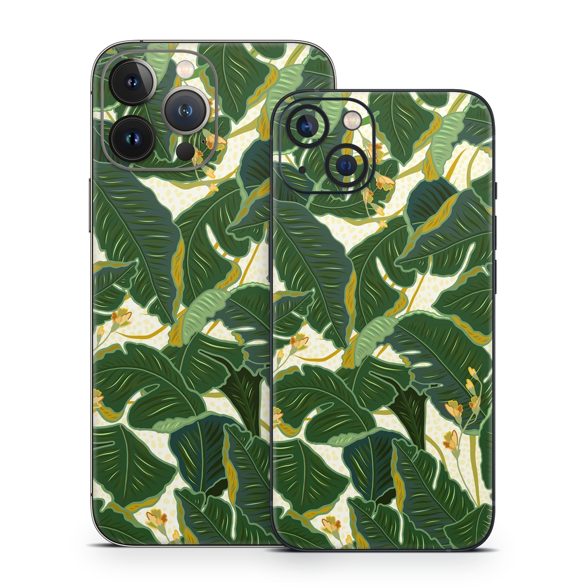iPhone 13 Series Skin design of Leaf, Plant, Flower, Pattern, Botany, Tree, Design, Flowering plant, Arrowroot family, Terrestrial plant, with green, yellow colors