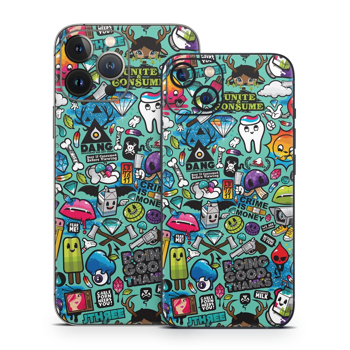 iPhone 13 Series Skin design of Cartoon, Art, Pattern, Design, Illustration, Visual arts, Doodle, Psychedelic art, with black, blue, gray, red, green colors
