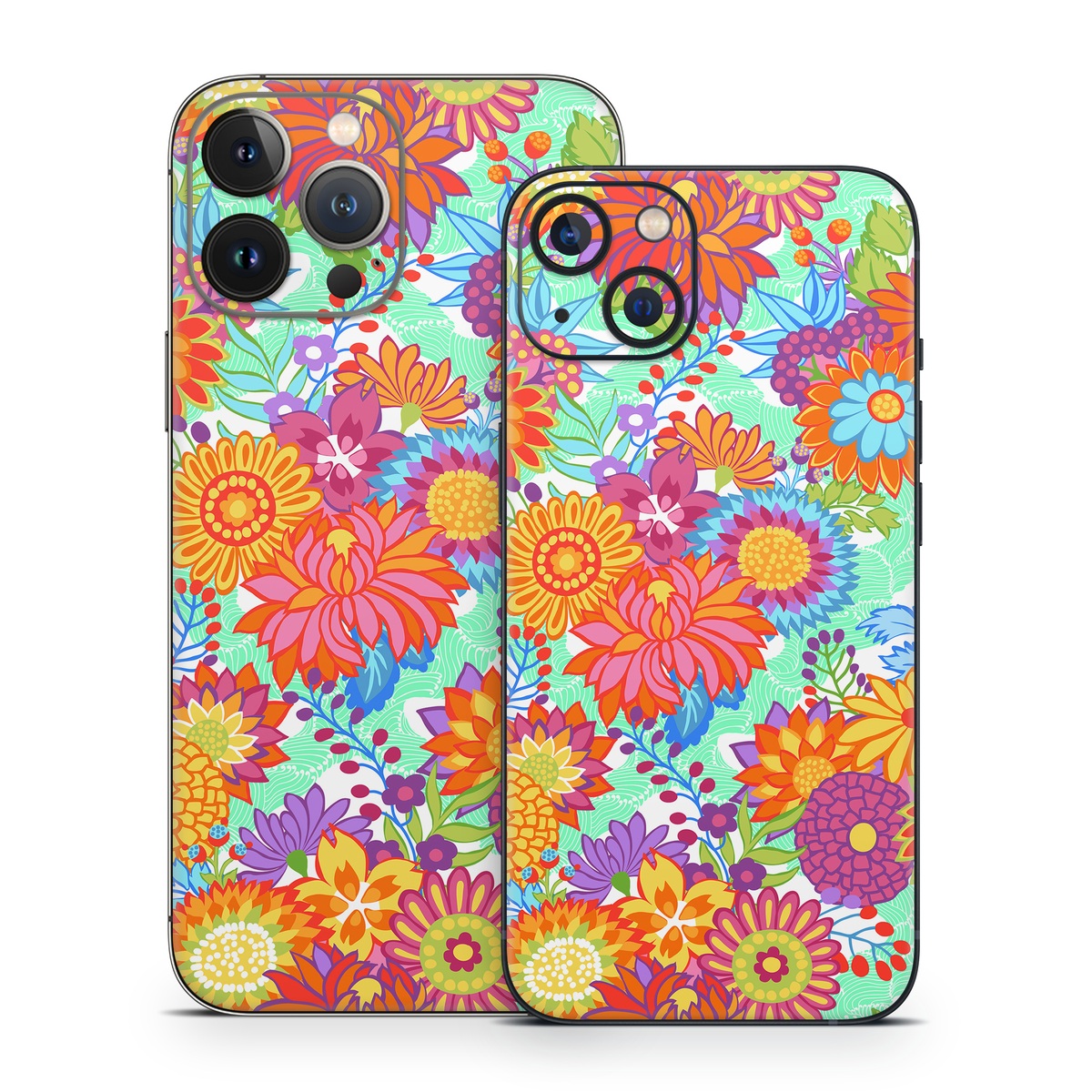iPhone 13 Series Skin design of Pattern, Floral design, Orange, Flower, Design, Textile, Plant, Wildflower, Wrapping paper, Visual arts, with gray, orange, green, purple colors
