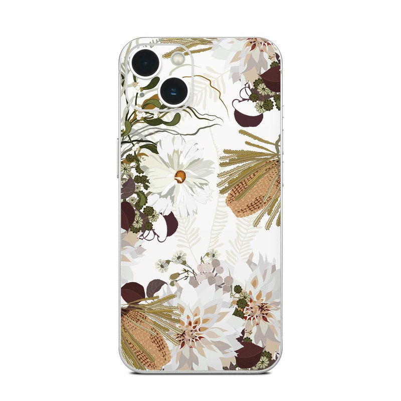 iPhone 13 Series Skin design of Flower, Botany, Plant, Floral design, Wildflower, Pattern, Wallpaper, Textile, Petal, Butterfly, with white, brown, green, gray colors