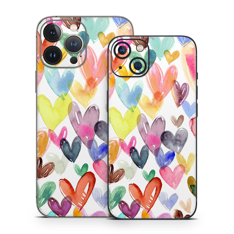 iPhone 13 Series Skin design of Heart, Pink, Graphics, Watercolor painting, Paint, Love, Valentine's Day, Wrapping Paper, with white, green, blue, red, orange, yellow, green, purple, black, gray colors