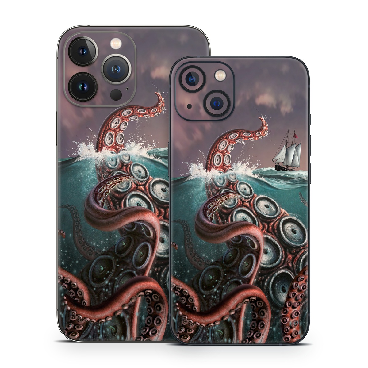 iPhone 13 Series Skin design of Octopus, Water, Illustration, Wind wave, Sky, Graphic design, Organism, Cephalopod, Cg artwork, giant pacific octopus, with blue, gray, white, brown, red colors