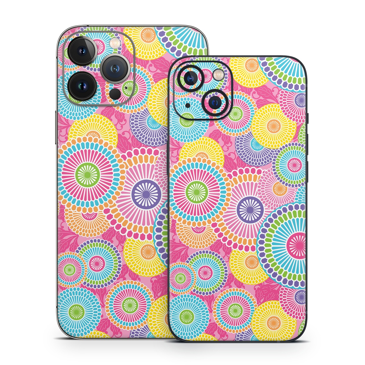 iPhone 13 Series Skin design of Pattern, Circle, Textile, Design, Visual arts, Wrapping paper, with gray, pink, purple, orange, blue, green colors