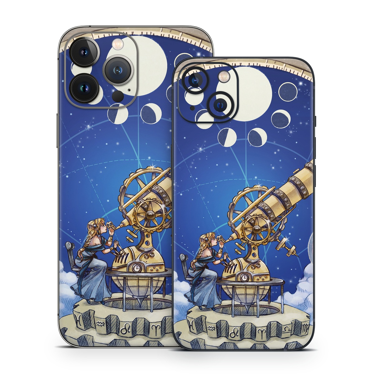 iPhone 13 Series Skin design of Circle, World, Space, Vehicle, Satellite, Illustration, with white, blue, yellow, pink, gray colors