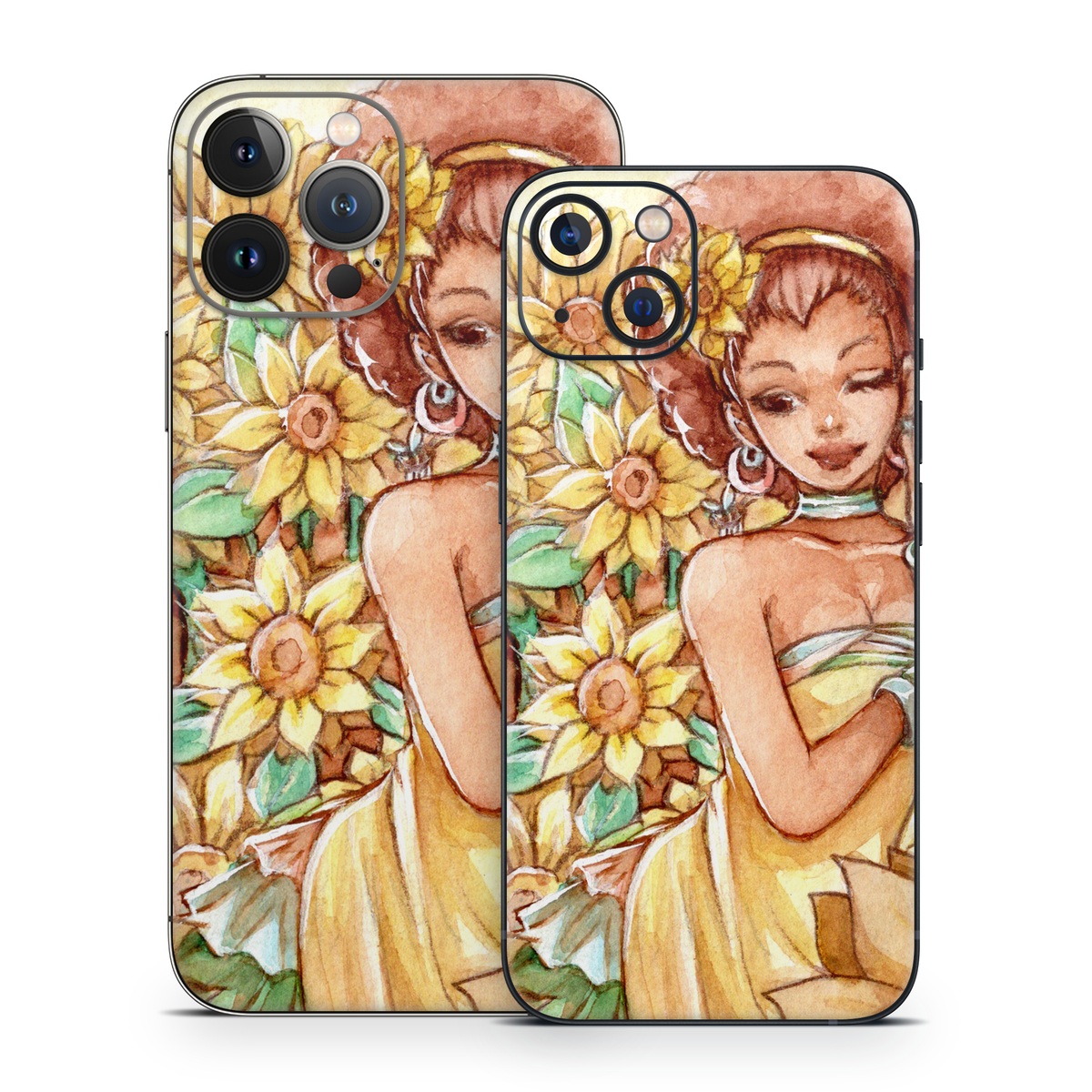 iPhone 13 Series Skin design of Painting, Illustration, Art, Fictional character, Plant, Flower, Clip art, with yellow, orange, brown, green colors