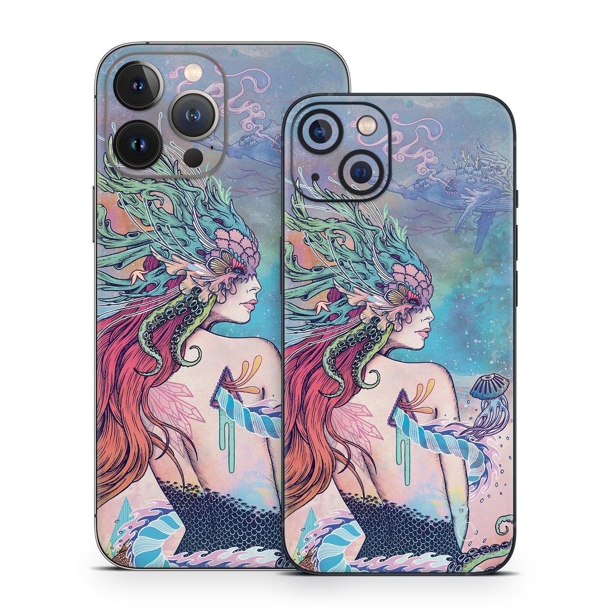 iPhone 13 Series Skin design of Illustration, Fictional character, Art, Cg artwork, Fiction, Mythology, Painting, Mermaid, with blue, purple, green, red, yellow, pink colors