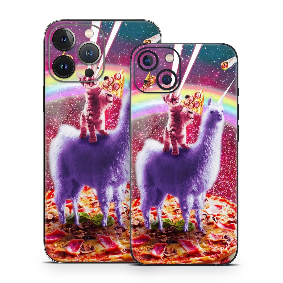 iPhone 13 Series Skin design of Llama, Unicorn, Fictional character, Illustration, Graphic design, Livestock, Camelid, Mythical creature, Graphics, Art, with red, white, yellow, gray, purple, blue, green colors