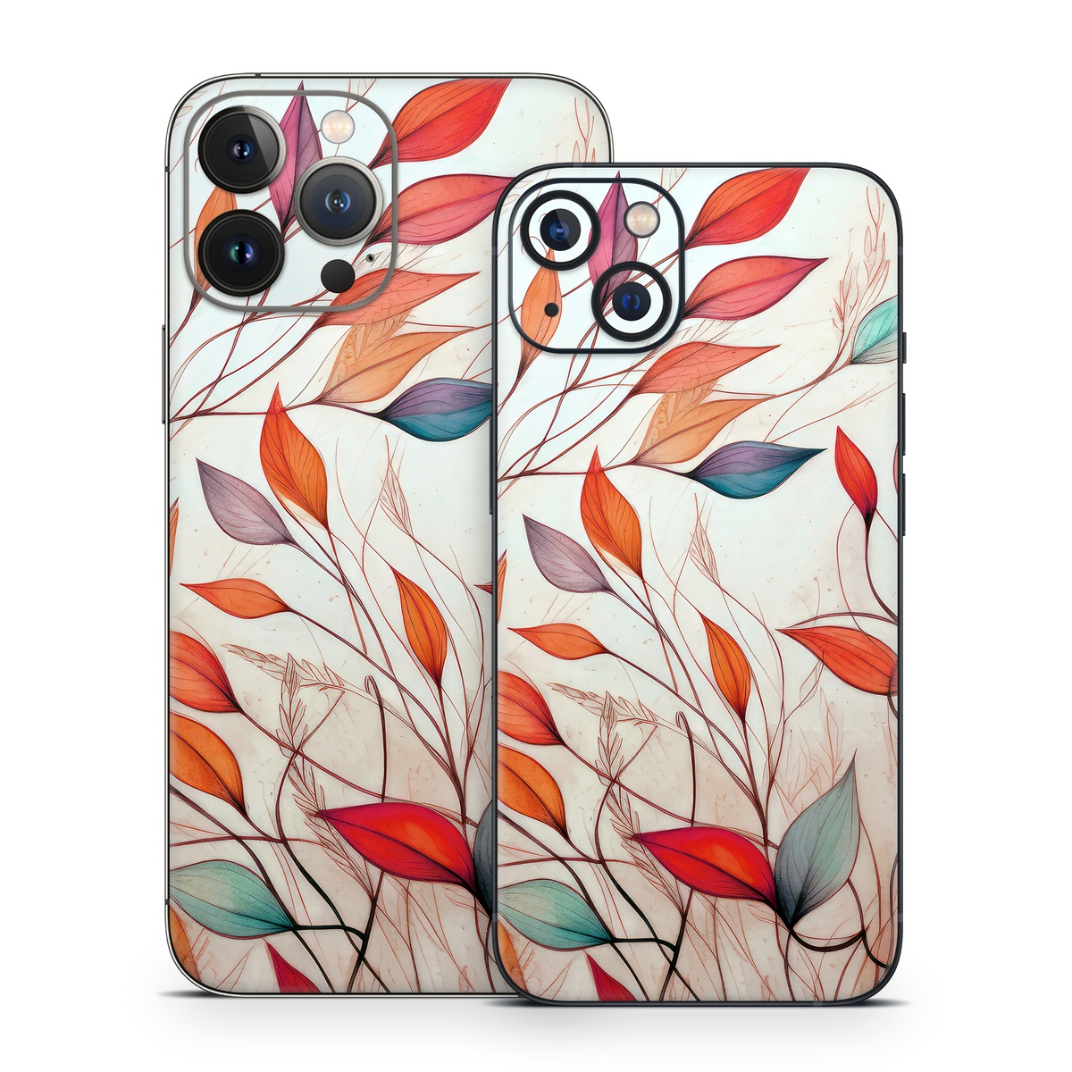 iPhone 13 Series Skin design of Plant, Vertebrate, Art paint, Nature, Botany, Leaf, Branch, Twig, Textile, Orange, with yellow, orange, red, white, brown, blue colors