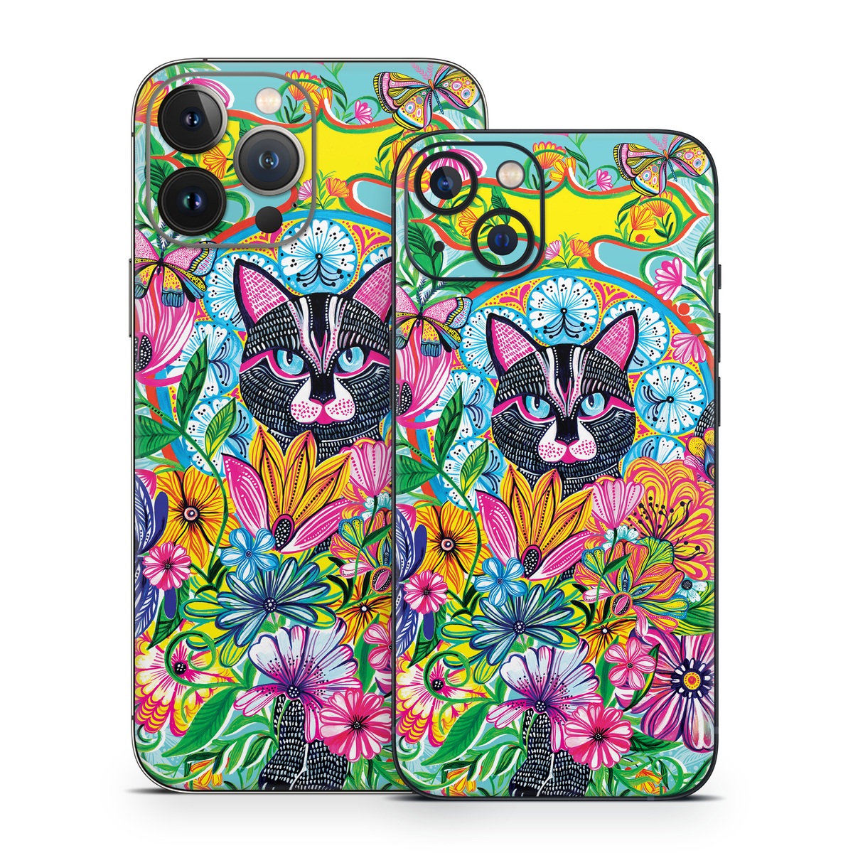 iPhone 13 Series Skin design of Visual arts, Art, Plant, Illustration, Pattern, Floral design, Flower, Wildflower, with white, blue, pink, black, green, yellow colors