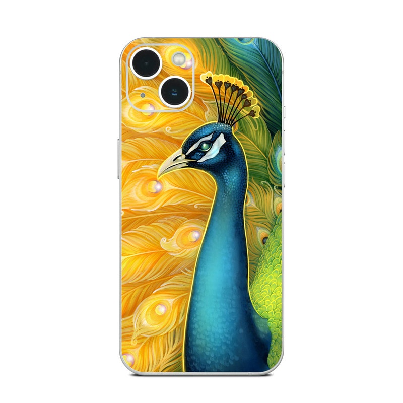 iPhone 13 Series Skin design of Bird, Peafowl, Phasianidae, Beak, Organism, Art paint, Galliformes, Art, Feather, Painting, with yellow, orange, green, blue, white, black colors
