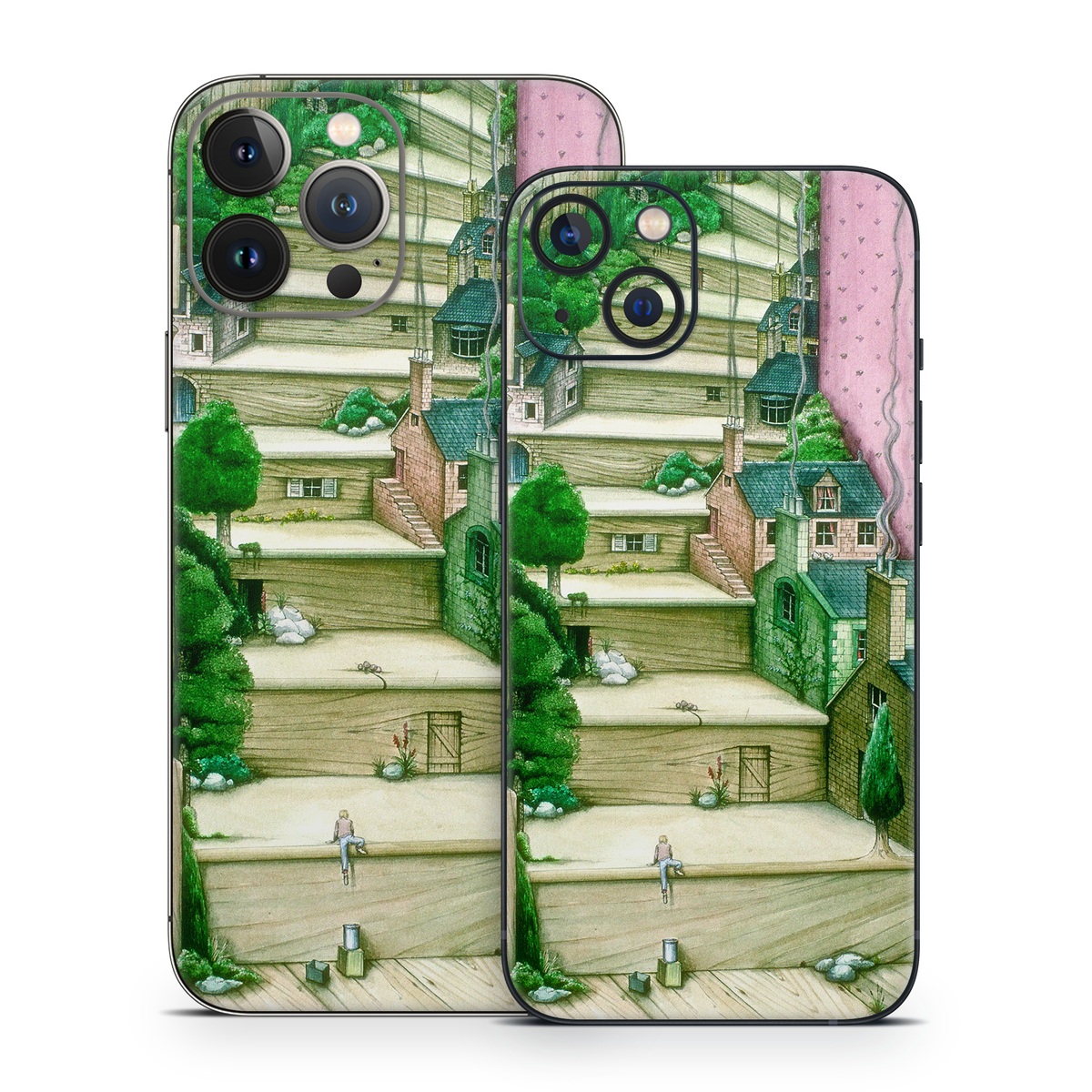 iPhone 13 Series Skin design of Green, Stairs, House, Watercolor paint, Home, Illustration, Building, Wood, Plant, Sketch, with pink, green, brown colors