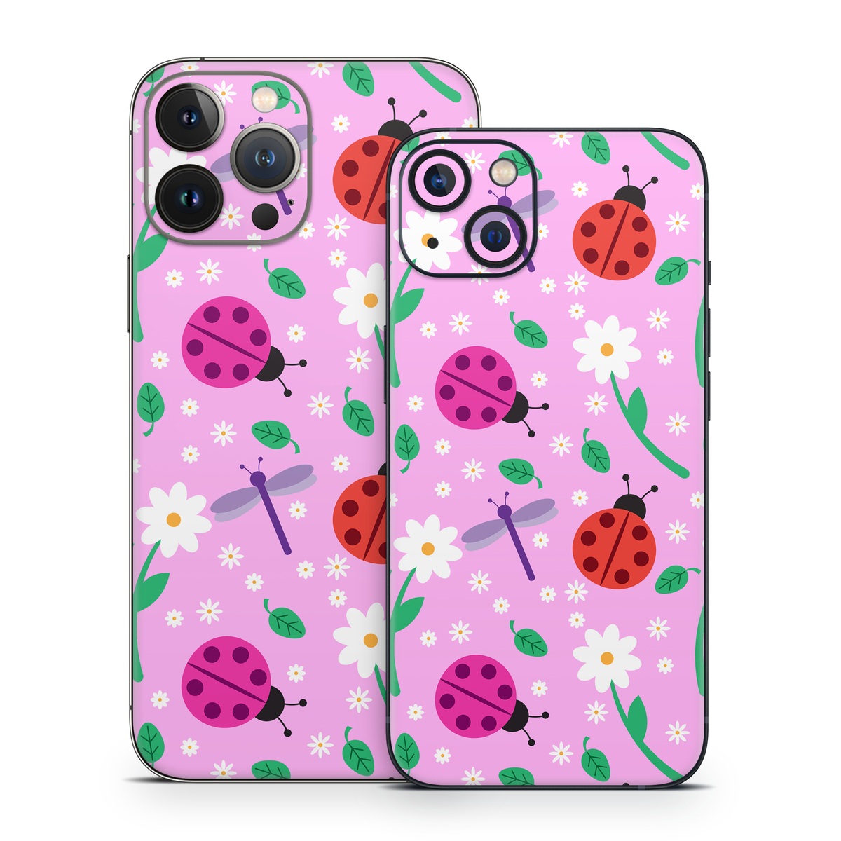 iPhone 13 Series Skin design of Pink, Pattern, Design, Magenta, Clip art, Plant, Visual arts, Ladybug, Child art, Illustration, with pink, white, purple, gray, red, blue colors