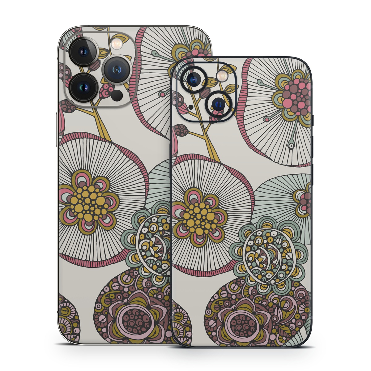 iPhone 13 Series Skin design of Pattern, Textile, Botany, Visual arts, Motif, Design, Needlework, Circle, Floral design, with gray, pink, green, blue, purple colors