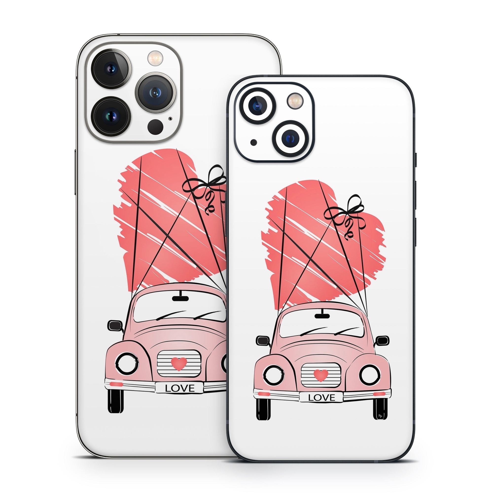 iPhone 13 Series Skin design of Land vehicle, Wheel, Vehicle, Tire, Hood, Automotive lighting, Car, Motor vehicle, Kit car, Cartoon, with white, pink, black, red colors
