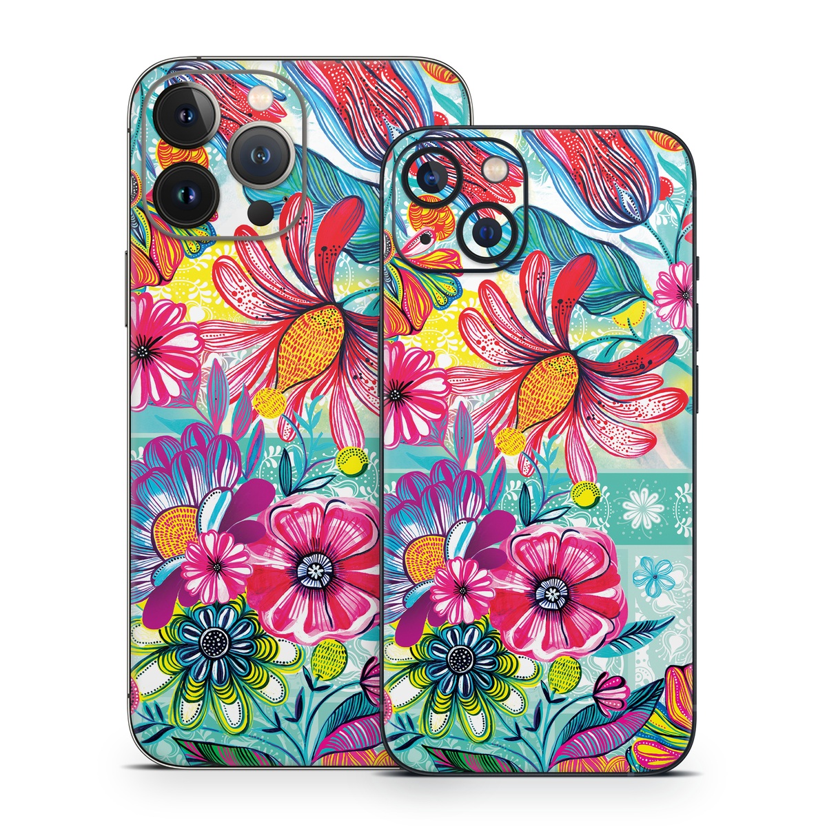 iPhone 13 Series Skin design of Pattern, Floral design, Textile, Pink, Design, Flower, Visual arts, Wildflower, Plant, with blue, pink, purple, red, green, yellow, orange colors