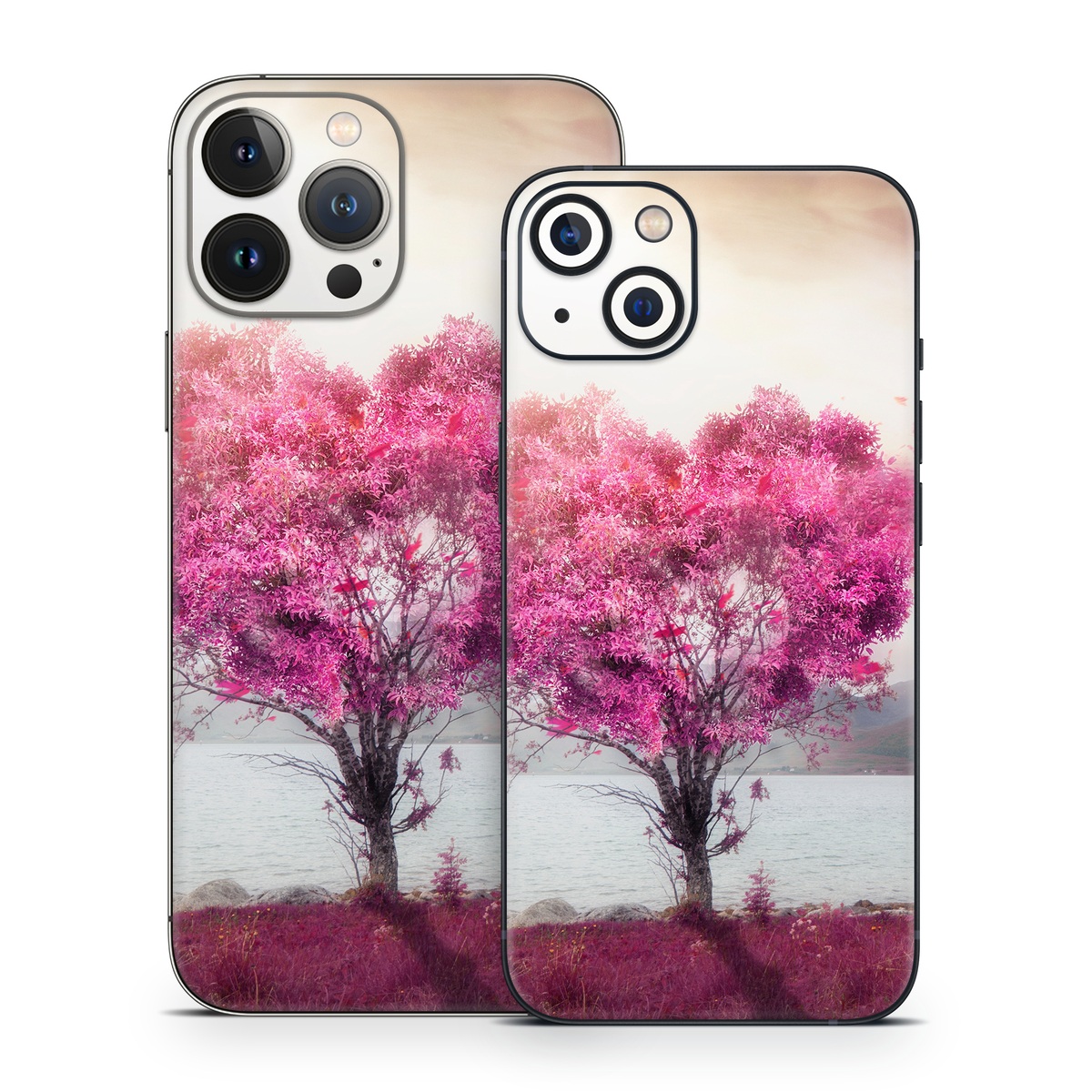 iPhone 13 Series Skin design of Sky, Nature, Natural landscape, Pink, Tree, Spring, Purple, Landscape, Cloud, Magenta, with pink, yellow, blue, black, gray colors