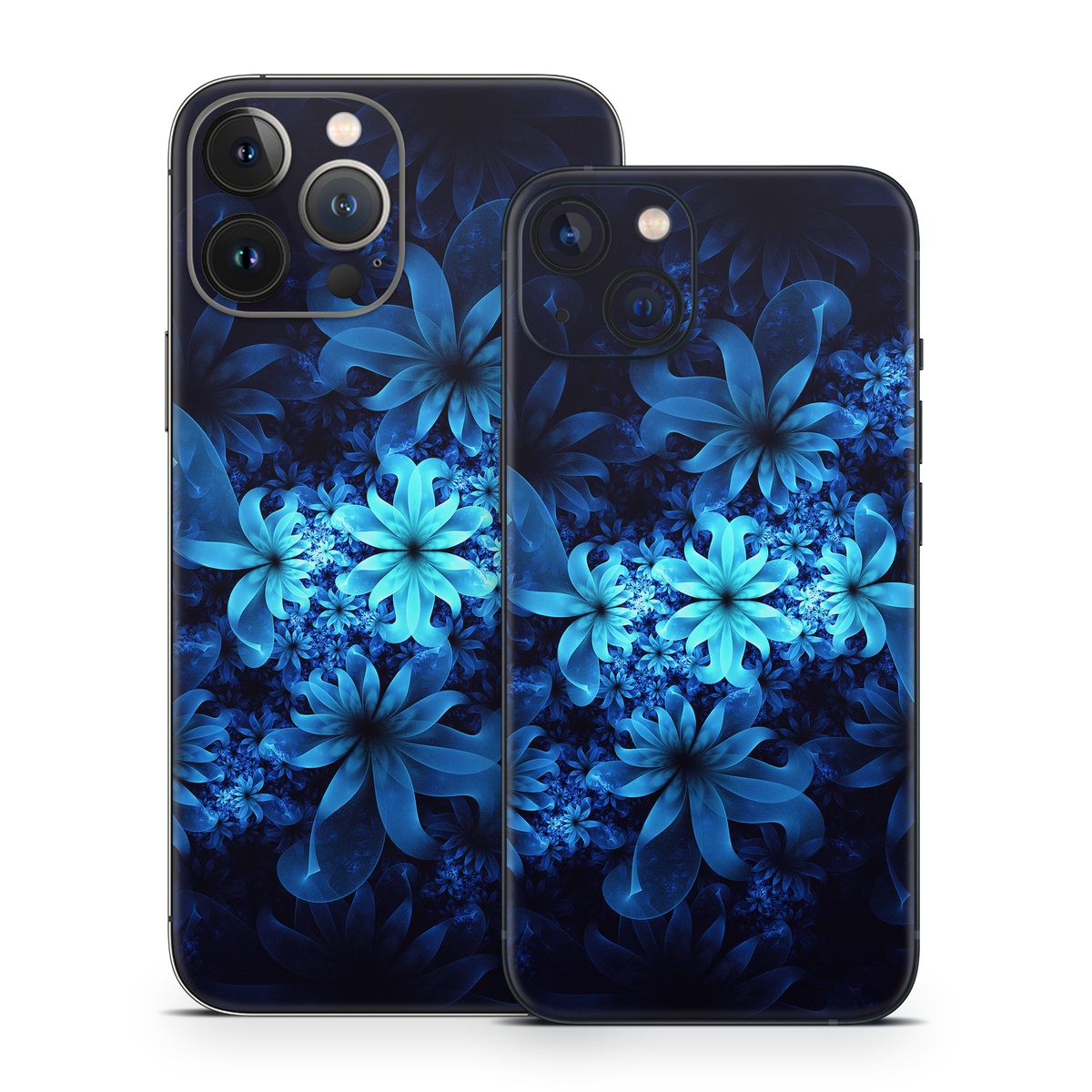 iPhone 13 Series Skin design of Nature, Blue, Petal, Organism, Darkness, Flower, Colorfulness, Electric Blue, Majorelle Blue, Pattern, Botany, Still Life Photography, Space, Aquatic Plant, Fractal Art, Visual Arts, Illustration, Symmetry, Midnight, Wildflower, Painting, Still Life, with black, blue, white colors