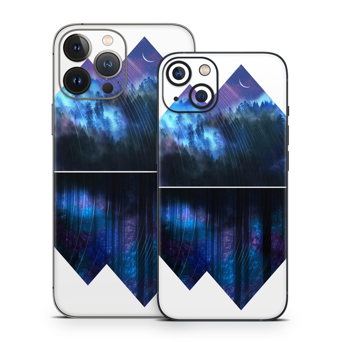 iPhone 13 Series Skin design of Blue, Cobalt blue, Pyramid, Pattern, Electric blue, Design, Fractal art, Sky, Triangle, Space, with white, blue, purple, black colors