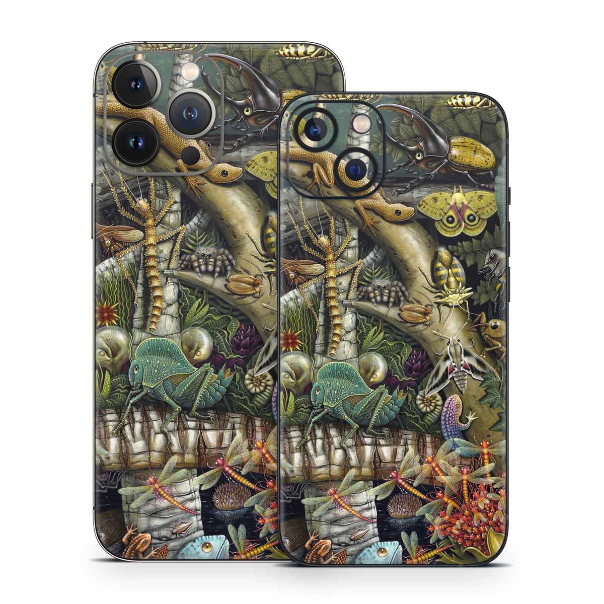 iPhone 13 Series Skin design of Strategy video game, Mythology, Art, Games, Plant, Painting, Adventure game, Jungle, Fictional character, Nepenthes, with green, brown, red, yellow, gray, blue, white colors