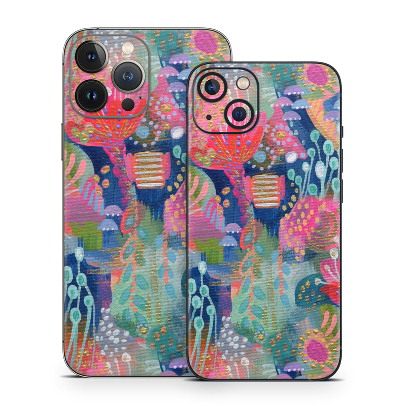 iPhone 13 Series Skin design of Blue, Pink, Creative arts, Natural material, Fish, Marine biology, Underwater, Floral design, Motif, with blue, red, pink, green, purple, white colors