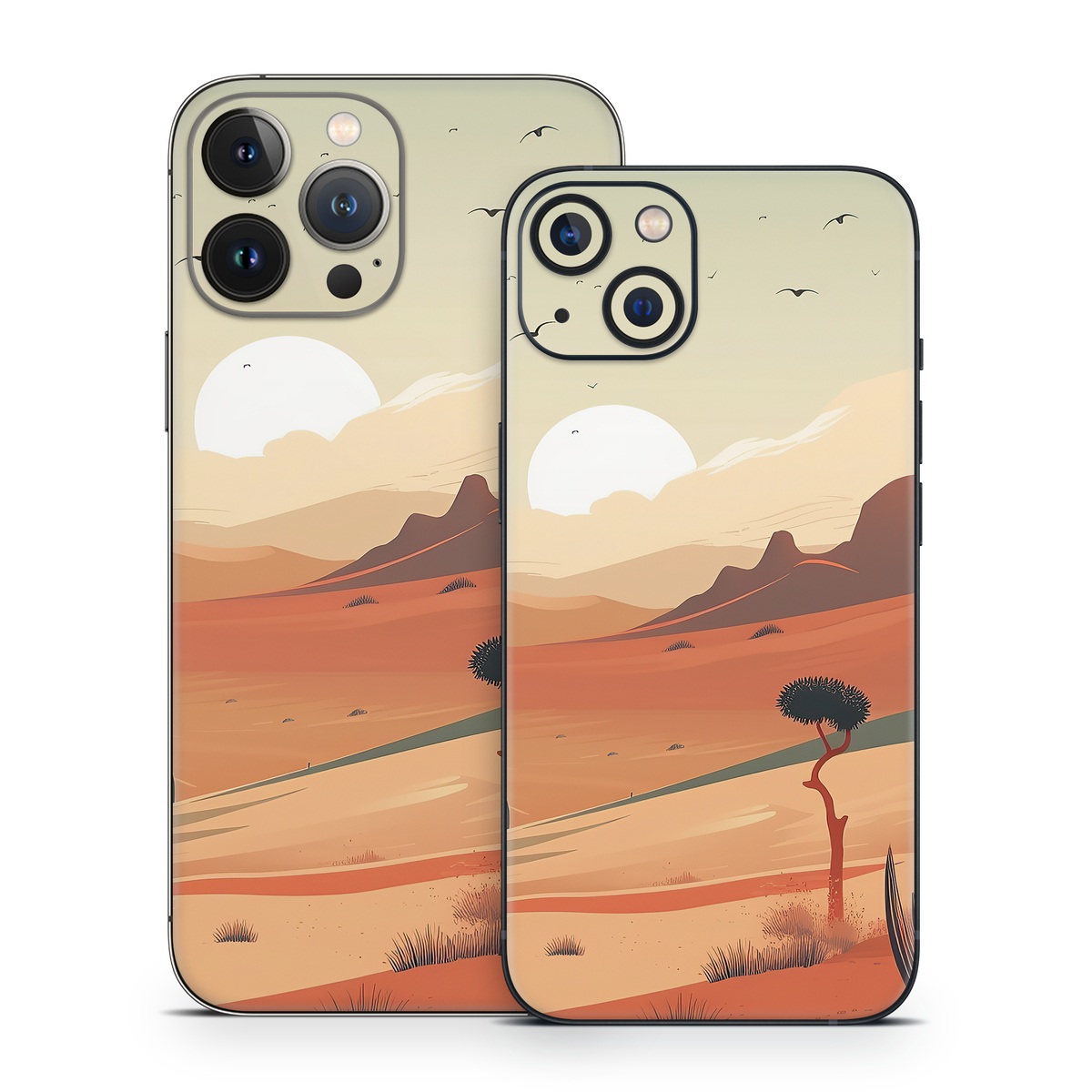 iPhone 13 Series Skin design of Sky, Bird, Ecoregion, Light, Nature, Cloud, Natural environment, Moon, Natural landscape, Biome, with orange, yellow, brown, green, white, black colors