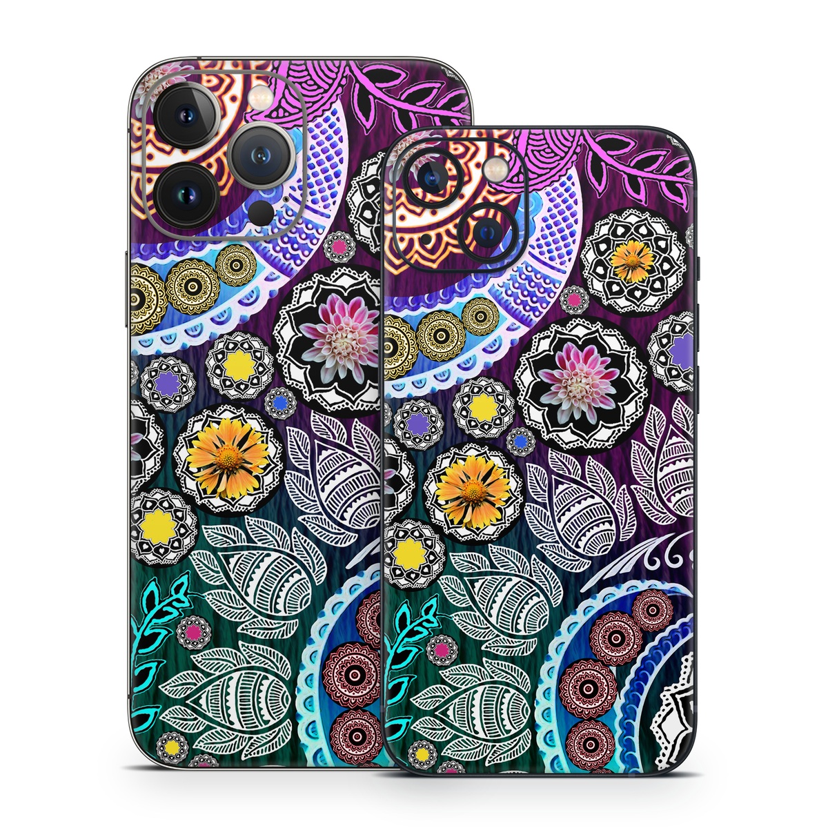 iPhone 13 Series Skin design of Pattern, Psychedelic art, Art, Visual arts, Design, Floral design, Textile, Motif, Circle, Illustration, with black, gray, purple, blue, green, red colors