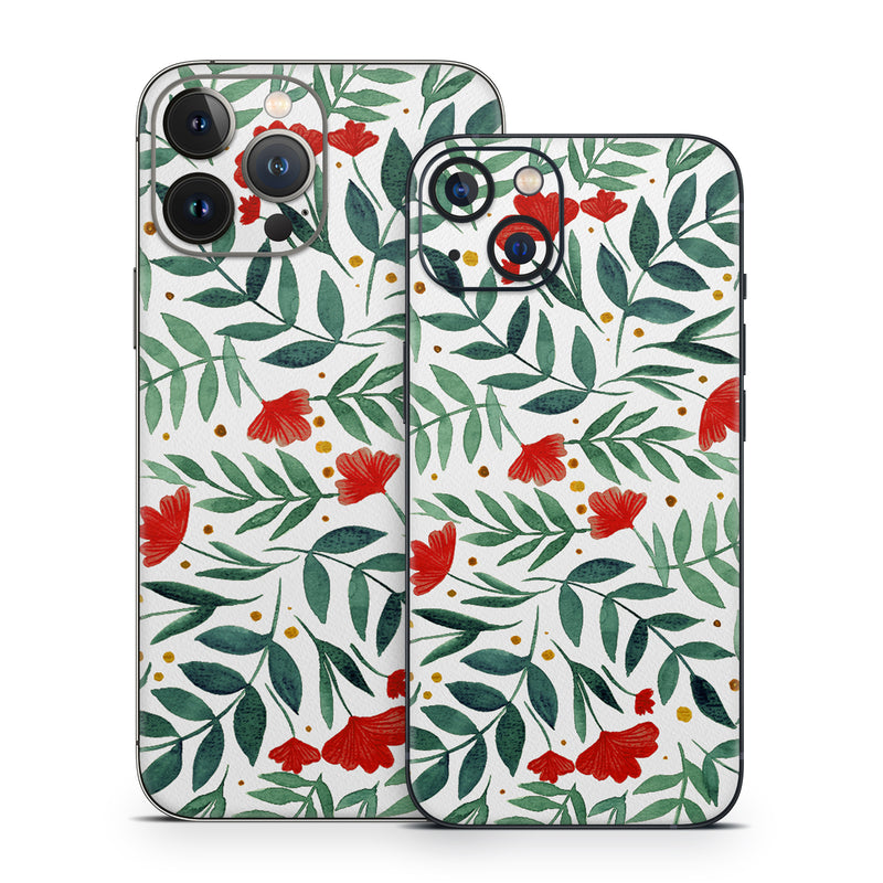 iPhone 13 Series Skin design of Flower, Plant, Textile, Line, Petal, Pattern, Flowering plant, Pedicel, Creative arts, Rectangle, with red, green, orange, white colors