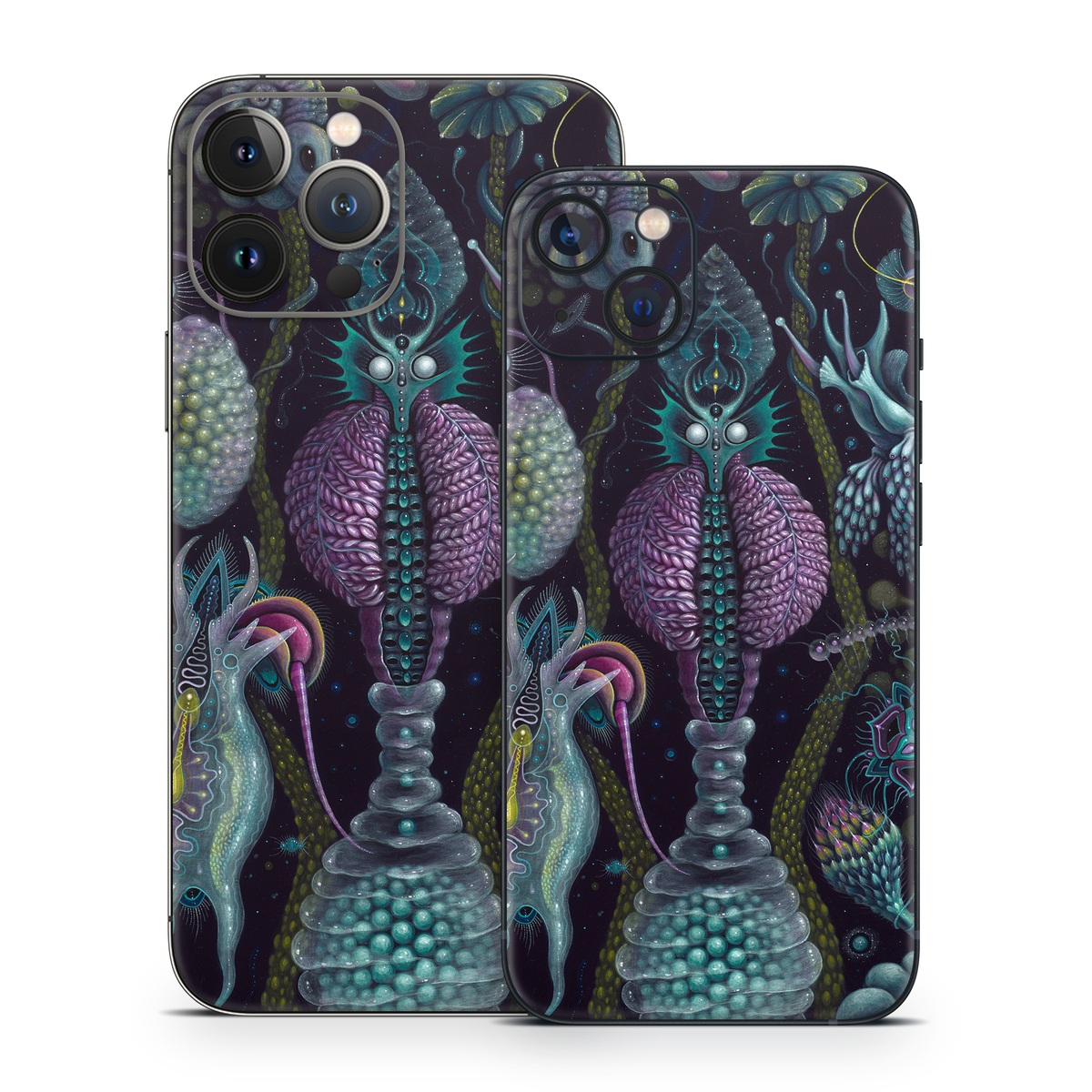 iPhone 13 Series Skin design of Organism, Pattern, Art, Illustration, Fractal art, Psychedelic art, Design, Visual arts, Plant, Modern art, with black, green, purple, pink, yellow, blue colors