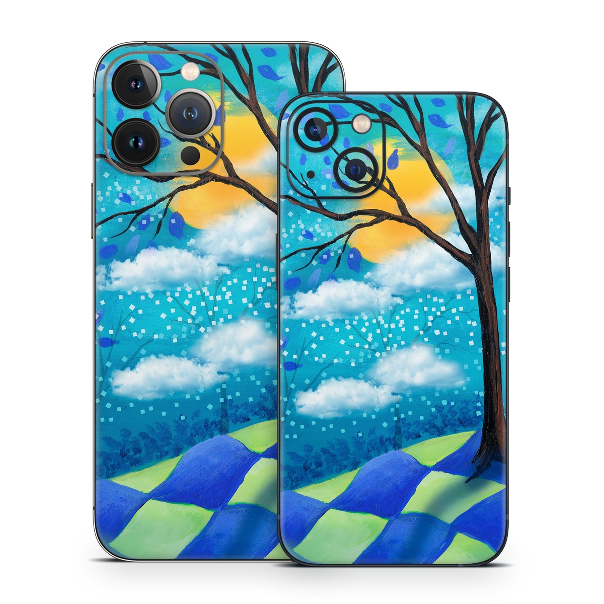 iPhone 13 Series Skin design of Natural landscape, Nature, Blue, Tree, Sky, Branch, Spring, Woody plant, Plant, Leaf, with blue, gray, black, purple, green colors