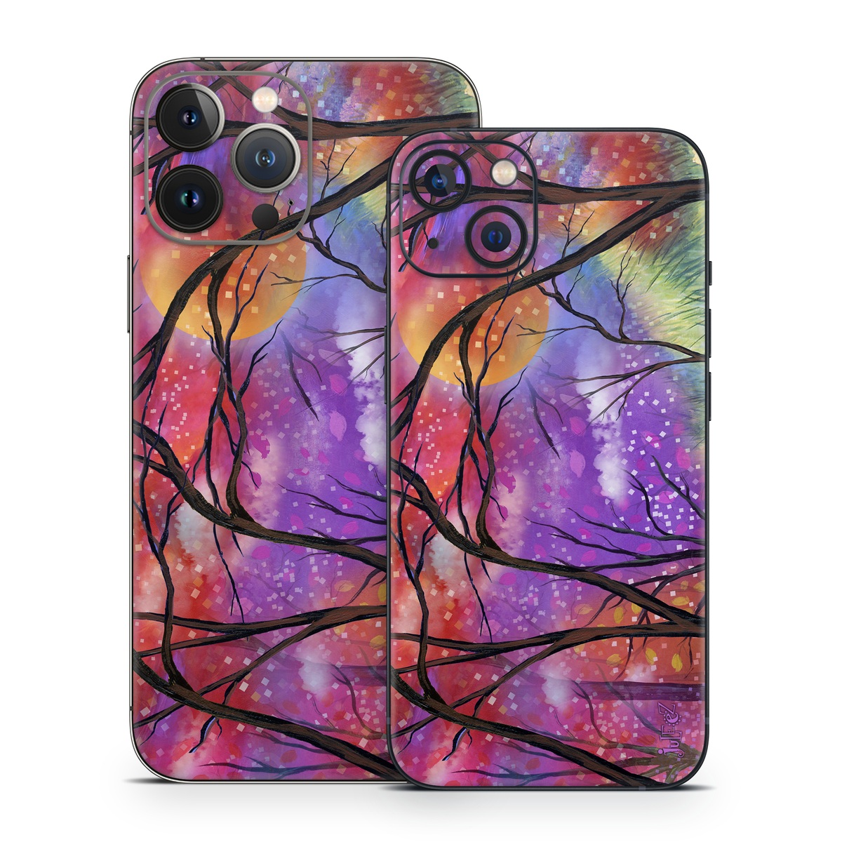 iPhone 13 Series Skin design of Nature, Tree, Natural landscape, Painting, Watercolor paint, Branch, Acrylic paint, Purple, Modern art, Leaf, with red, purple, black, gray, green, blue colors