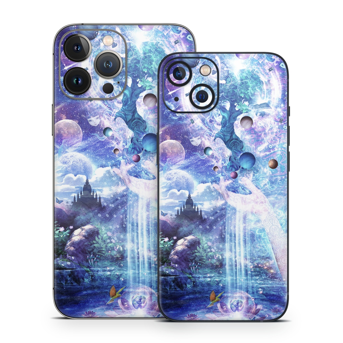 iPhone 13 Series Skin design of Bird, Butterfly, Planets, Deer, Space, Purple, World, Astronomical Object, Cg Artwork, Illustration, Universe, Painting, Fictional Character, Outer Space, Astronomy, Science, Water Feature, Graphic Design, Graphics, Star, Mythology, with blue, purple, white, black, gray, green colors