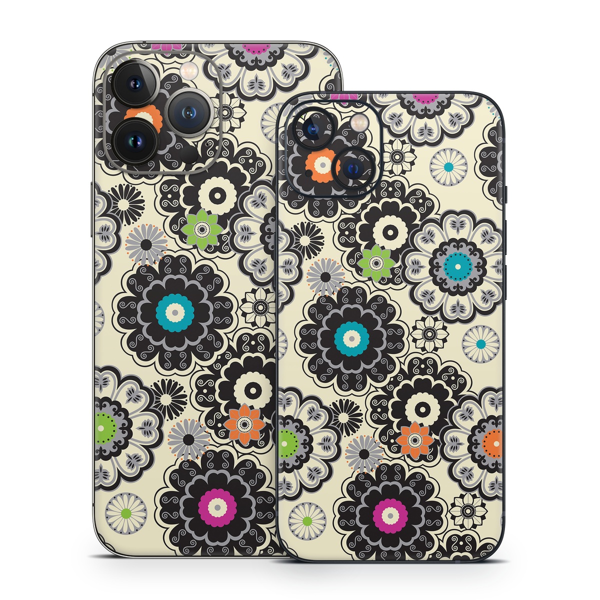 iPhone 13 Series Skin design of Pattern, Circle, Design, Visual arts, Floral design, Textile, Psychedelic art, Art, Plant, with gray, black, pink, green, purple colors