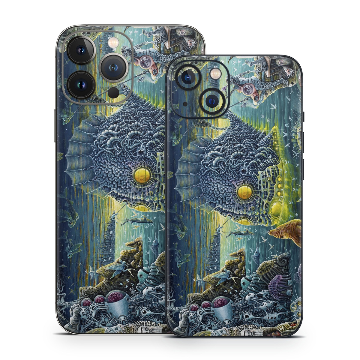 iPhone 13 Series Skin design of Organism, Water, Illustration, Art, Painting, Cg artwork, Fiction, Fictional character, Marine biology, Mythology, with black, gray, blue, green colors