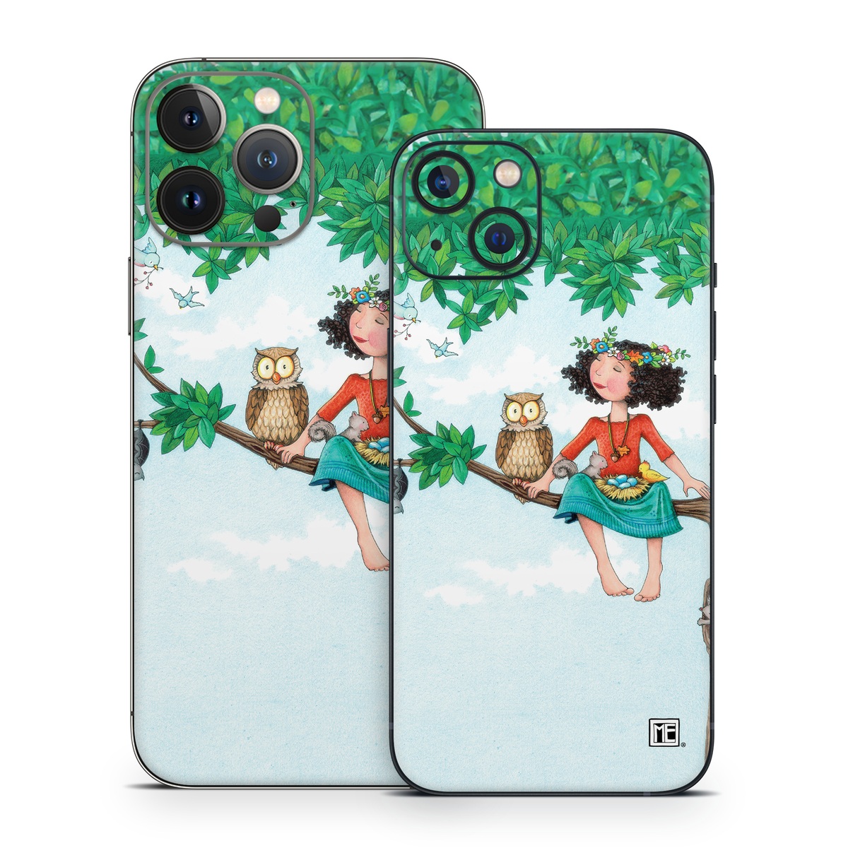 iPhone 13 Series Skin design of Cartoon, Illustration, Branch, Bird, Owl, Tree, Art, Plant, Clip art, Fictional character, with blue, gray, red, black, white, green colors