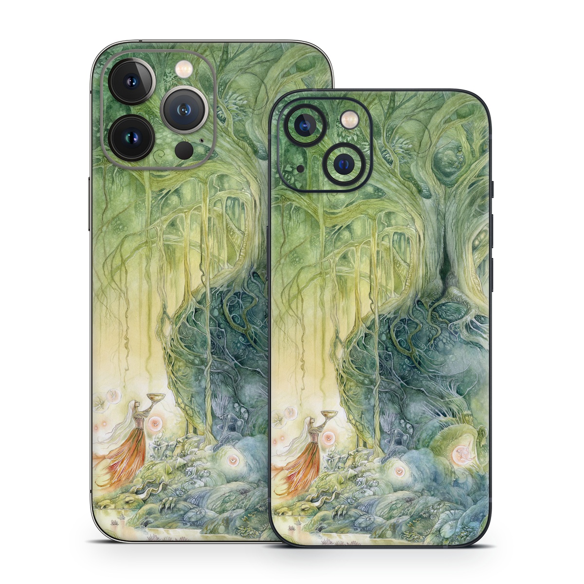 iPhone 13 Series Skin design of Green, Watercolor paint, Painting, Water, Art, Illustration, Grass, Tree, Plant, Fictional character, with blue, green, red, yellow colors