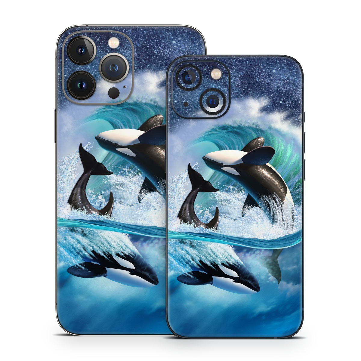 iPhone 13 Series Skin design of Dolphin, Short-beaked common dolphin, Sky, Cetacea, Killer whale, Marine mammal, Water, Illustration, Bottlenose dolphin, Common bottlenose dolphin, with black, blue, white, green colors