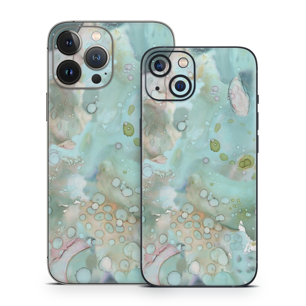 iPhone 13 Series Skin design of Aqua, Blue, Green, Watercolor paint, Pattern, Turquoise, Organism, Design, Art, Painting, with blue, green, pink colors