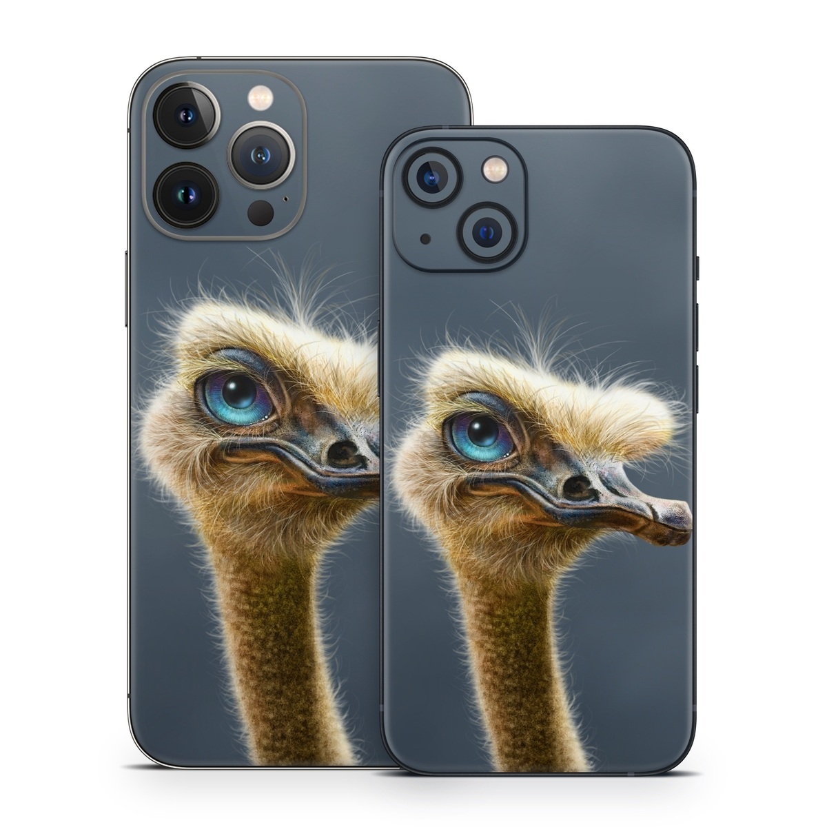 iPhone 13 Series Skin design of Ostrich, Flightless bird, Ratite, Bird, Beak, Close-up, Emu, Wildlife, Organism, Terrestrial animal, with black, gray, blue, green, red colors