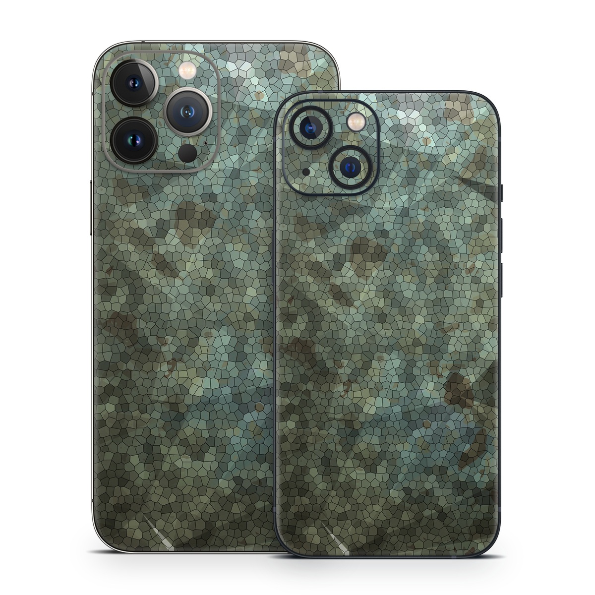 iPhone 13 Series Skin design of Green, Pattern, Brown, Wall, Design, Rock, Geology, Camouflage, Granite, Metal, with black, brown, blue, gray, white colors