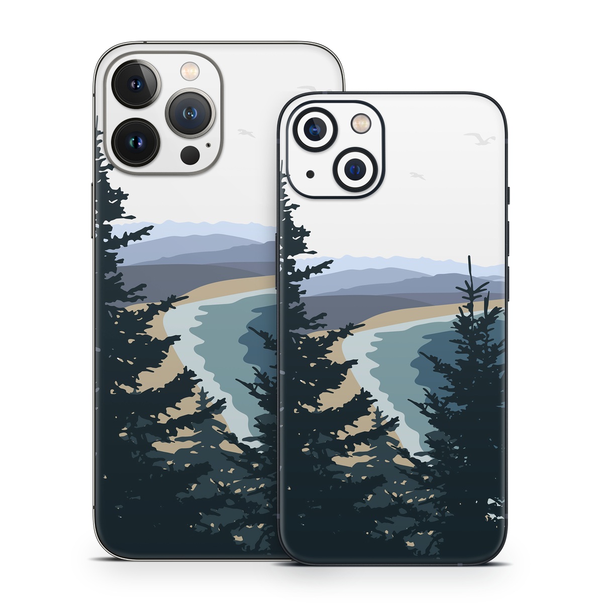 iPhone 13 Series Skin design of Sky, Plant, Mountain, Natural landscape, Branch, Larch, Tree, Highland, Atmospheric phenomenon, Evergreen, with white, blue, yellow, gray, black, green colors