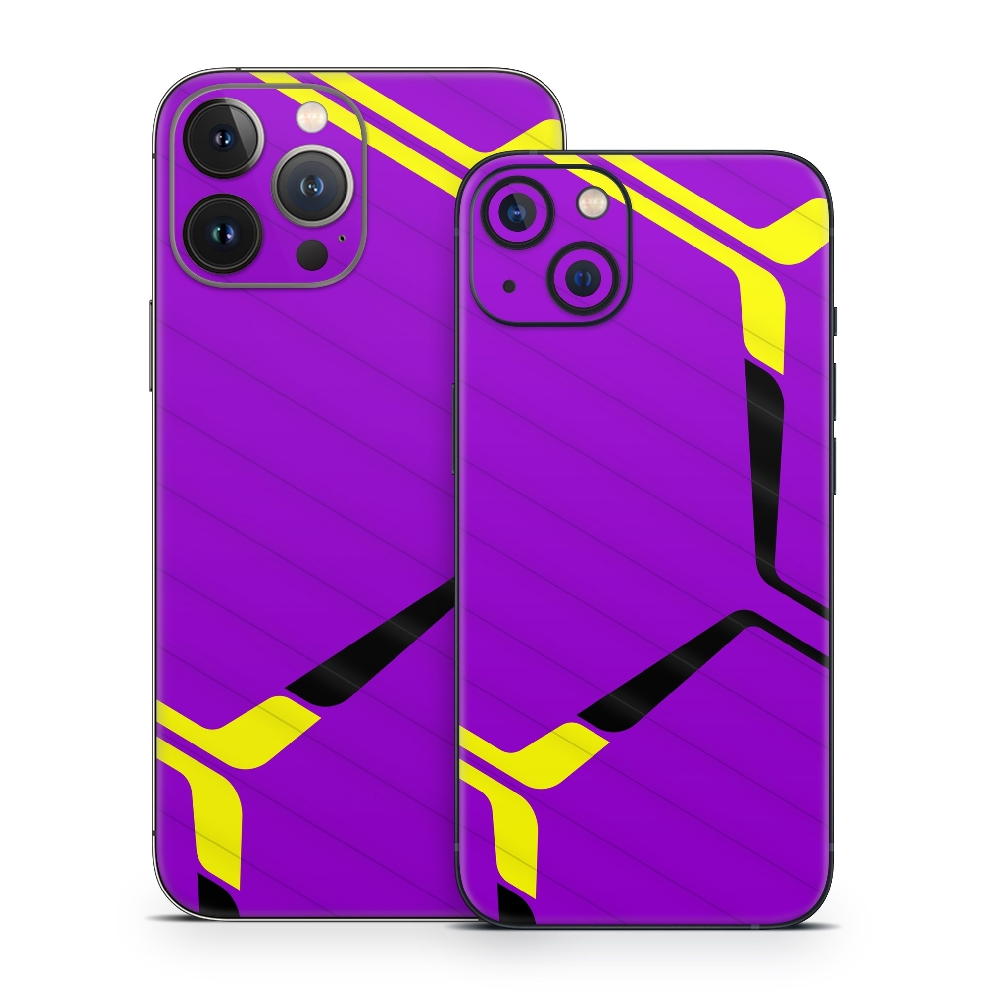 iPhone 13 Series Skin design of Colorfulness, Purple, Violet, Line, Magenta, Parallel, Symmetry, Pattern, Electric blue, Font, with purple, yellow, black colors