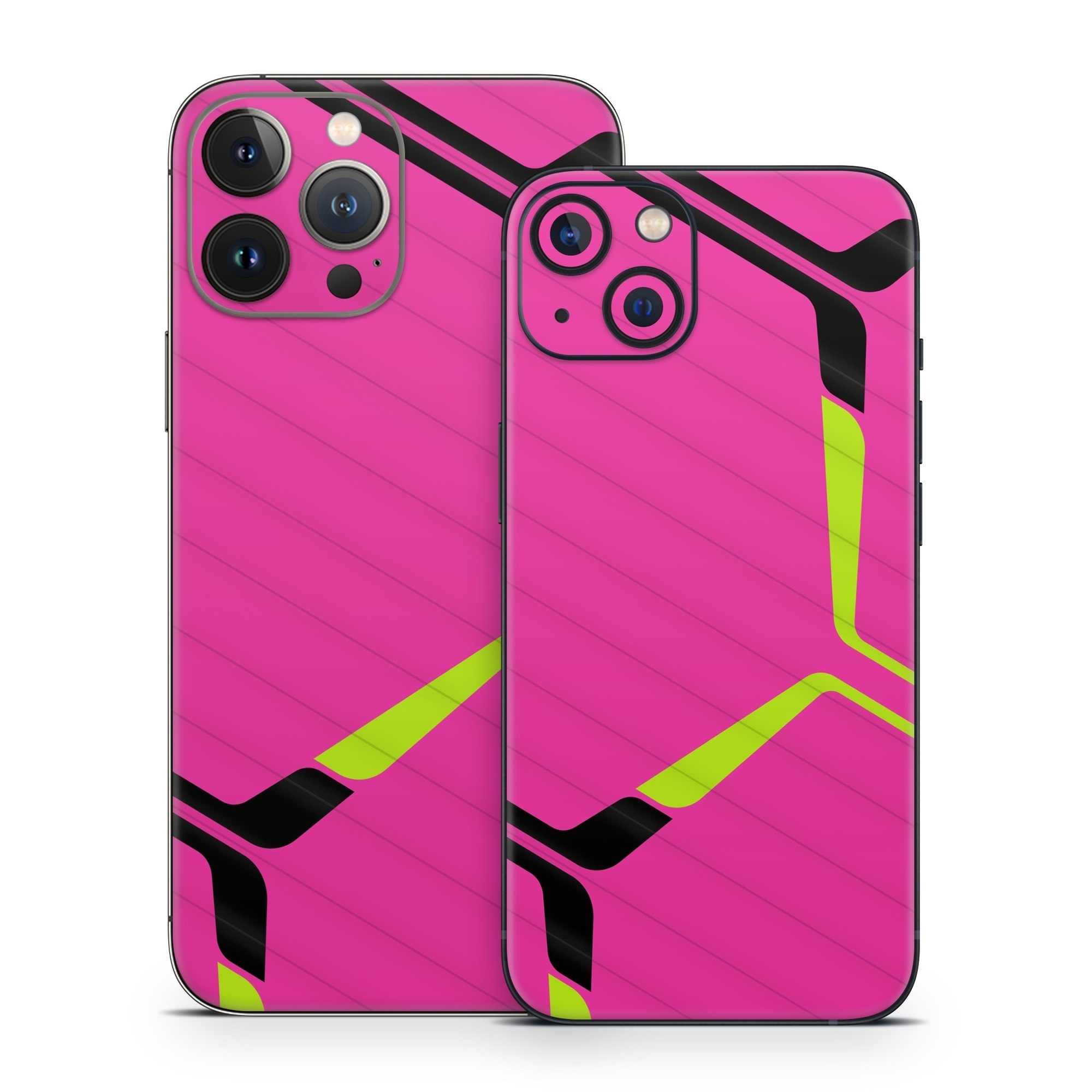 iPhone 13 Series Skin design of Purple, Textile, Sleeve, Jersey, Violet, Triangle, Font, Magenta, Collar, Parallel, with pink, black, yellow colors