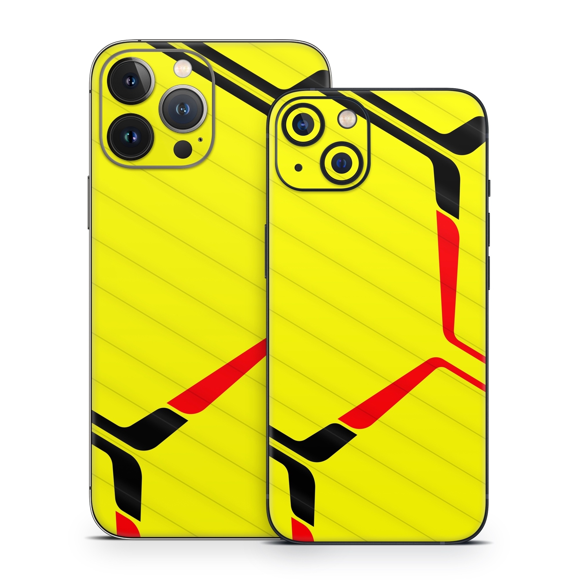 iPhone 13 Series Skin design of Rectangle, Yellow, Parallel, Font, Tints and shades, Wood, Triangle, Pattern, Graphics, Symmetry, with yellow, black, red colors